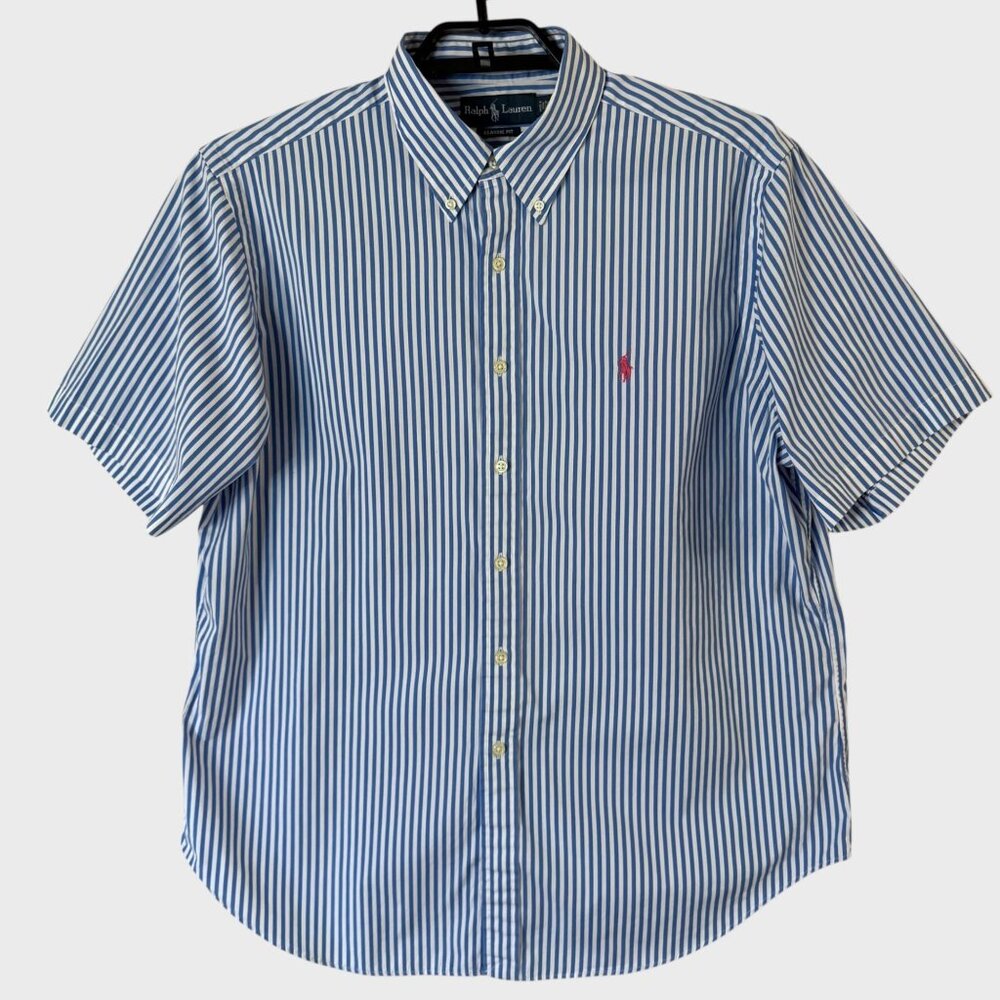 Ralph Lauren Striped Button-Down Shirt Blue Men's XL Preppy 100% Cotton